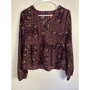 Chelsea & Violet Purple Colorful V Neck Floral Paisley Balloon Sleeve Blouse Sm